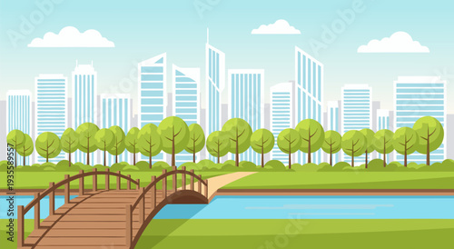 Vibrant cityscape vector illustration with lush green park, a charming wooden bridge, and a serene river, perfect for urban nature themes