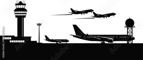 airport, airplane, aviation, runway, tower, radar, transport, travel, aircraft, departure, landing, terminal, flight, skyline, silhouette, vector, illustration, design, cad, drawing