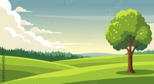 A beautiful landscape vector illustration of a lone tree on rolling green hills under a cloudy sky, perfect for nature and environmental themes