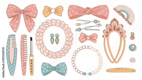 Collection of pastel hair accessories and jewelry for styling including bows clips and headbands in soft colors