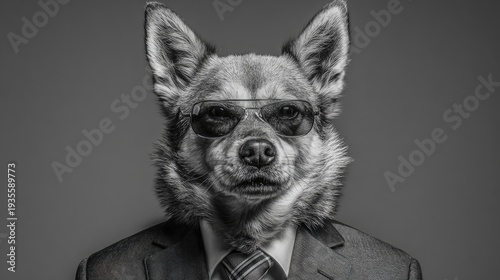 Dog portrait wearing sunglasses and a suit against a gray backdrop