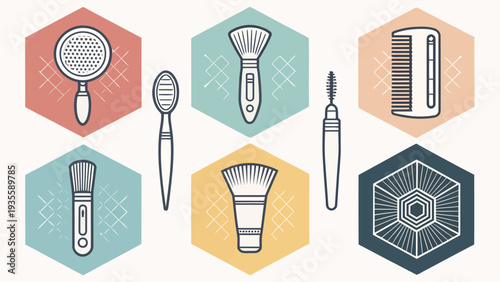 Modern beauty tools icon set for makeup and grooming on colorful hexagons