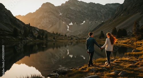 夕焼けが燃える雄大な山々を背景に 鏡のような湖面に映る世界で手を取り合うカップル 黄金色の柔らかな光が二人の固い絆と愛を優しく包み込む 希望あふれる未来を描く感動的な瞬間を捉えた風景. AI Generated