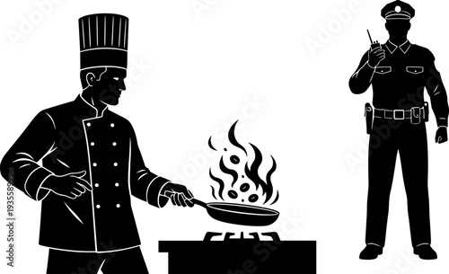 Chef cooking with frying pan over flames, police officer using walkie-talkie, professional roles silhouette, uniformed workers, black-and-white illustration, job diversity