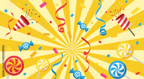 Vibrant Party Celebration Vector Illustration with Confetti, Candy, and Party Poppers on a Sunny Yellow Background