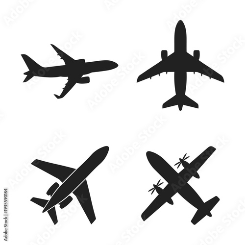 Airplane Silhouette Set - Aeroplane Flat Vector Icons of Commercial Jet, Private Plane, and Turboprop Aircraft Isolated on White for Travel and Aviation Design