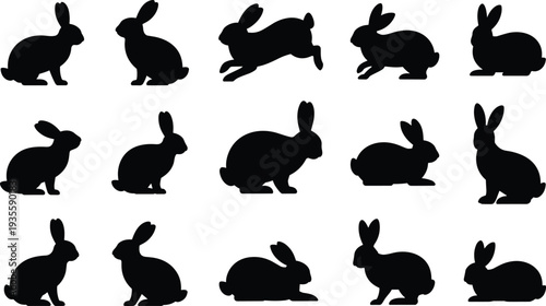 Rabbit silhouette collection set in different poses isolated black bunny animal vector illustration for wildlife design logo decoration
