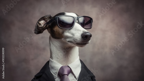 Dog in suit and sunglasses posing against a textured background