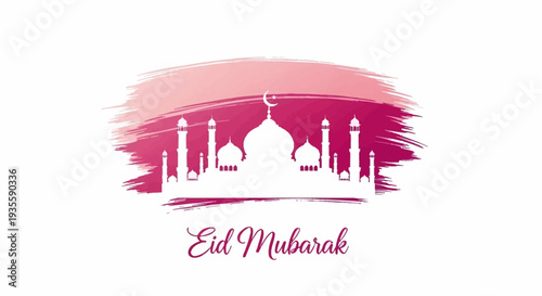 Eid Mubarak celebration with mosque silhouette at sunset