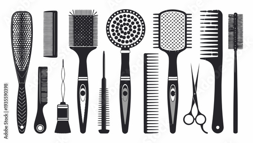Minimalist black silhouette vector set of various hair styling tools and accessories arranged horizontally