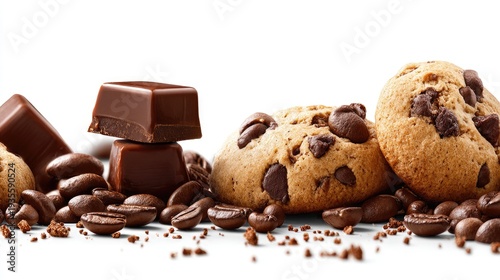 Delicious chocolate chip cookies with coffee beans isolated on white