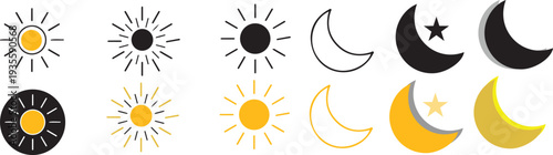 vector illustration of Sun and moon icon set. day and night icon set. dark and light mode icons , Screen brightness and contrast level signs and symbols .