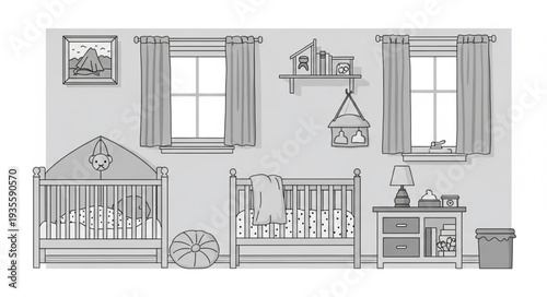 Nursery room interior with cribs and furniture illustration.