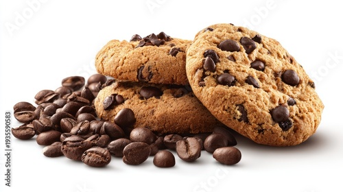 Delicious chocolate chip cookies and coffee beans on white background