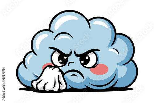 A blue cartoon cloud with an angry face and a tissue