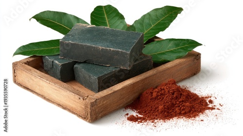 Artisanal soap bars with green leaves and red powder in a wooden box