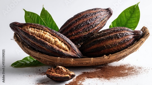 Fresh cocoa pods with leaves inside a woven basket on white background