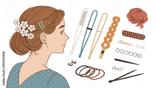 Woman with brown hair and flowers in bun surrounded by various hair styling tools and accessories