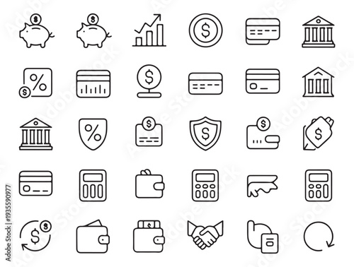 Set of financial and banking line icons, including piggy bank, growth charts, money, credit card, and bank building