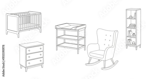 Nursery Furniture Set Line Drawing Illustration.
