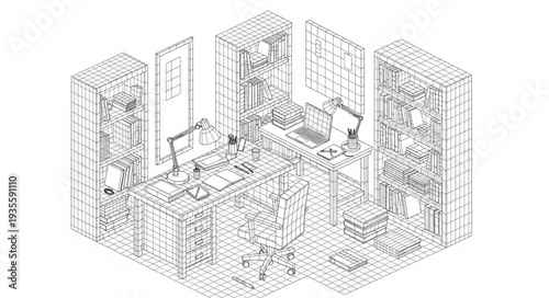 Isometric sketch of a modern home office interior design.