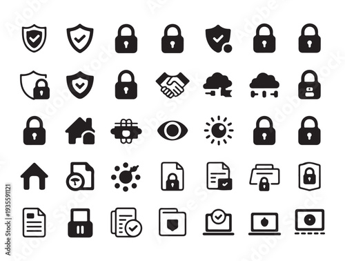 Security icons shield padlock handshake data cloud rain eye sun lock secure protect home key