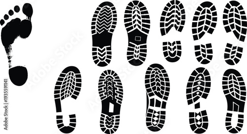 Bare footprint and shoe sole prints set, comparison of tread patterns, forensic analysis, footwear identification, flat vector illustration, design template
