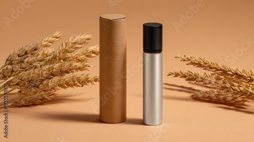 Cosmetic product presentation with wheat stalks and simple brown background