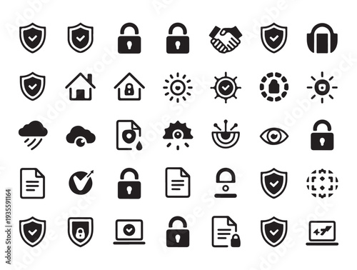 Modern security icons including shields locks handshakes houses clouds and files for digital protection