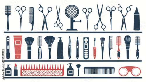 Vector silhouettes of various hair styling equipment arranged on shelves including scissors combs brushes and hair dryers