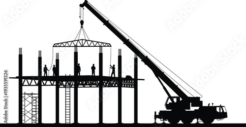 Black silhouette vector of a construction site featuring a mobile crane lifting materials with workers on a building structural frame