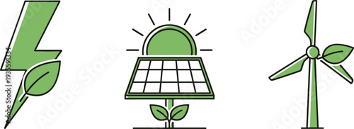 Green energy icons representing sustainability and renewable resources