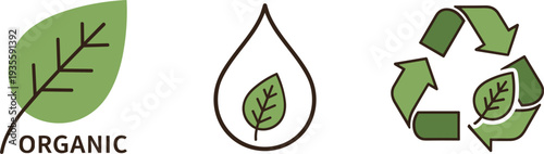 Set of eco-friendly icons: organic leaf, water drop with leaf, and recycling symbol with leaf