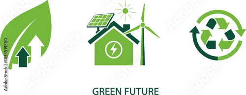 Green energy icons representing sustainability, renewable power, and recycling for a better future