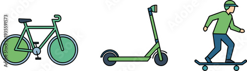 Illustration of a bicycle, scooter, and skateboard for urban transport