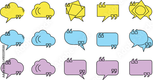 Collection of colorful quote speech bubbles in yellow blue and purple with quotation marks for chat message and communication design,