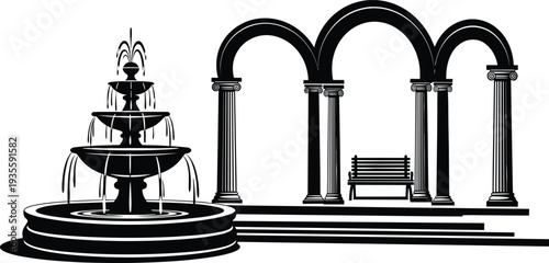 Classical architecture illustration, fountain with cascading water, stone columns, archway design, public bench, courtyard scene, black and white vector art