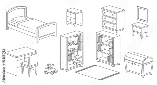 Collection of hand-drawn furniture items for a bedroom.