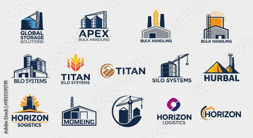 Collection of industrial silo logos and icons for business.