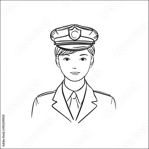 Hand Drawn Female Police Black and White Avatar Illustration in Minimal Line Art Style Design
