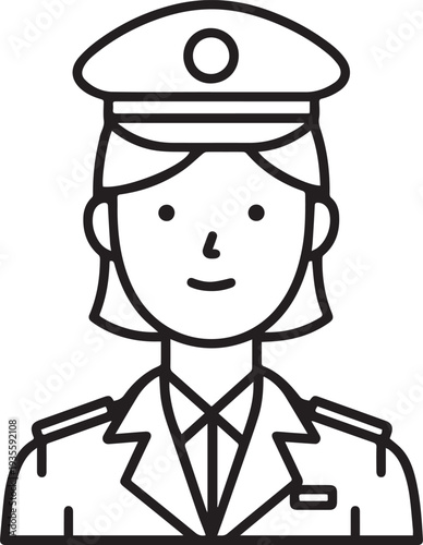 Hand Drawn Female Police Black and White Avatar Illustration in Minimal Line Art Style Design
