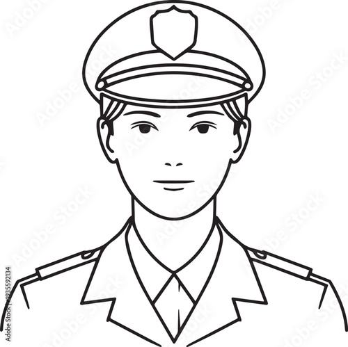 Hand Drawn Female Police Black and White Avatar Illustration in Minimal Line Art Style Design
