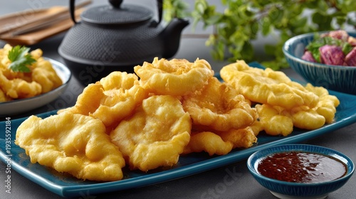 Golden fried food displayed on blue plate with teapot and bowls