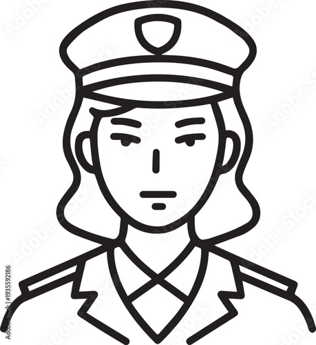 Hand Drawn Female Police Black and White Avatar Illustration in Minimal Line Art Style Design
