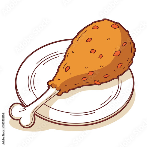 A golden-brown fried chicken drumstick on a white plate, decorated with small orange seasoning pieces for a tasty, appetizing look.