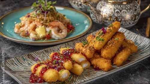 Gourmet dishes arranged on plates featuring fried foods and seafood