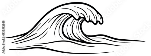 Hand drawn line art illustration of a sea wave depicting a breaking crest for marine design