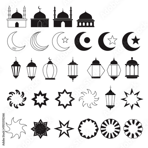 Islamic Symbols Collection: A diverse collection of Islamic design elements, including mosque illustrations, crescent moons, stars, and lanterns.