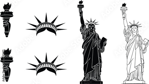 Icon set statue of liberty and torch symbols for freedom and democracy