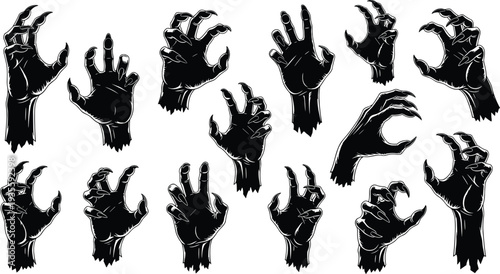 Set of black silhouette zombie hands with sharp claws reaching and grabbing, spooky monster creature arms for Halloween horror design